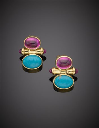 Orecchini in oro giallo con cabochon ovali di pietre rosa e turchese, g....