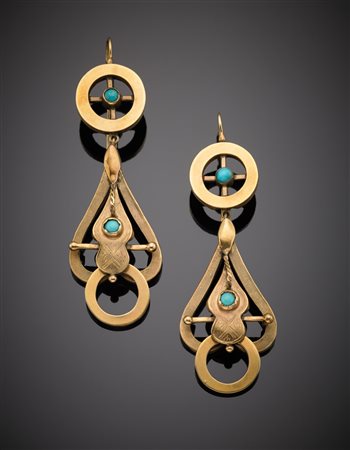 Orecchini pendenti in oro 585/1000 con turchesi g. 14,9 lungh. cm 8 circa A...