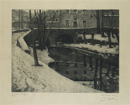Lodovico Cavaleri (Milano 1867 - Cuvio 1942) "Ponte sotto la neve - Valganna"...
