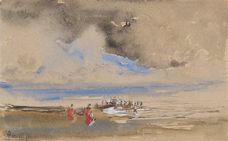 Pompeo Mariani (Monza 1857 - Bordighera 1927) "Marina con figure" tecnica...