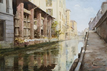 Carlo Savorgnani (XX Secolo ) "Scorcio con Naviglio" olio su cartone telato...