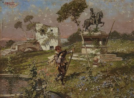 Riccardo Pellegrini (Milano 1863 - Crescenzago 1934) "Nel parco con statua...