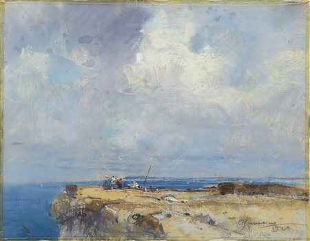 Giuseppe Casciaro (Ortelle 1861 - Napoli 1945) "Scogliera con figure" 1920...
