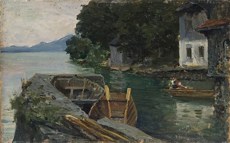 Clemente Pugliese Levi (Vercelli 1855 - Milano 1936) "Scorcio lacustre con...