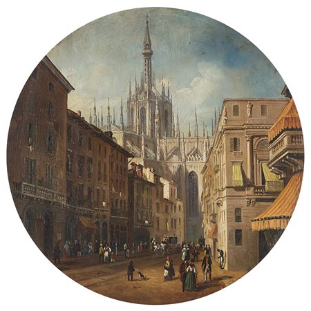 Scuola lombarda del XIX Secolo "La Corsia dei Servi in Milano..." olio su...