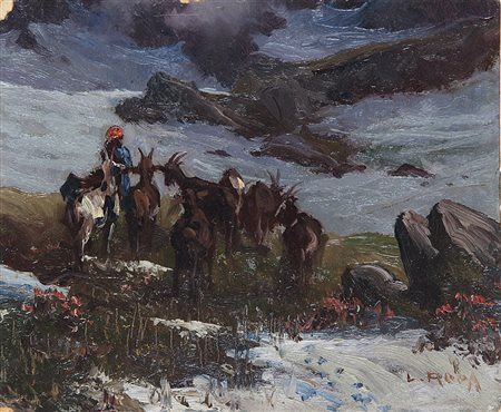 Leonardo Roda (Racconigi 1868 - Torino 1933) "Paesaggio montano con caprette...