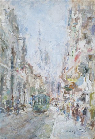 Luigi Mantovani (Milano 1880 - 1957) "Scorcio di Milano con il Duomo sullo...
