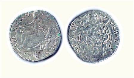 ROMA - Urbano VIII - Testone 1633; D/ Stemma sormontato da chiavi e Tiara; R/...