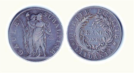 TORINO - Repubblica Piemontese - 5 Fr. 1802 Metallo: AR - Conservazione: q.BB/BB