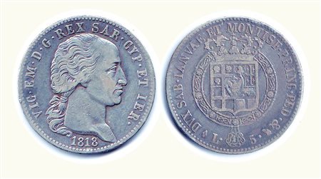 VITTORIO EMANUELE I - 5 Lire 1818 TO - P.12. Rarità: R - Metallo: AR -...
