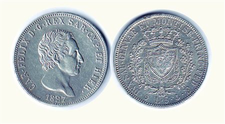 CARLO FELICE - 5 Lire 1827 GE - P.72. Metallo: AR - Conservazione: q.SPL