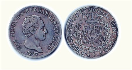 CARLO FELICE - 5 Lire 1827 GE - P.72. Metallo: AR - Conservazione: MB
