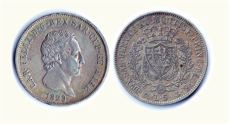 CARLO FELICE - 5 Lire 1829 GE - P.76. Metallo: AR - Conservazione: q.SPL