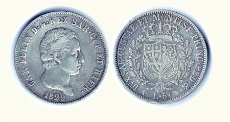 CARLO FELICE - 5 Lire 1829 TO - P.77. Metallo: AR - Conservazione: BB