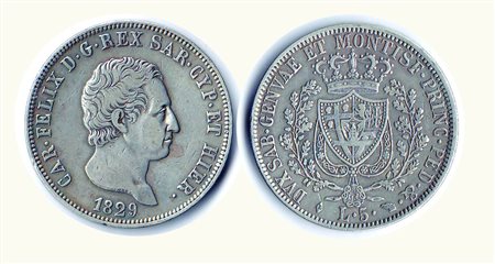 CARLO FELICE - 5 lire 1829 TO - 311.825 pezzi coniati - P.77. Metallo: AR -...
