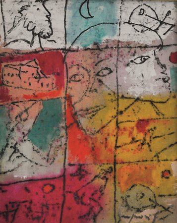 Franco Rognoni "Racconto anni 70", olio su tela, 41 x 33 cm autentica...