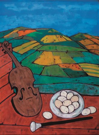 Felice Casorati "Viola Uova e flauto 1962" tempera su cartoncino 58x79...