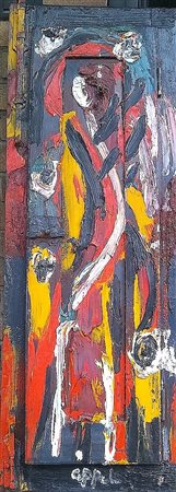 Karel Appel "City window" olio su legno e vetro 110x65 arch. Xgl_066