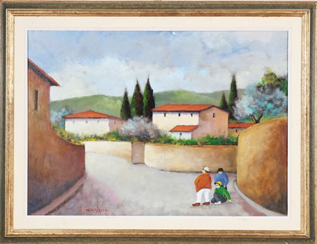 GAGLIARDI GIUSEPPE (n. 1896) Paesaggio toscano con ragazzi. Olio su cartone....