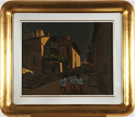 SOLLAZZI LUCIO (n. 1925) Paesaggio con tre bambini. . Olio su tela. Cm 48,00...