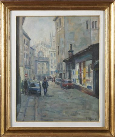 FERGNANI CORRADO (1910 - 1986) Via Laghetto, Milano. 1973. Olio su tavola. Cm...