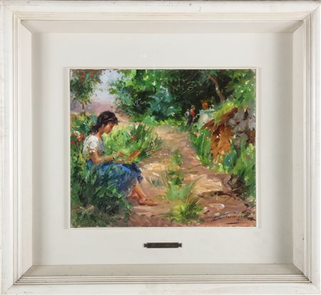 TAFURI LUCIO (n. 1941) Fanciulla nel prato. . 1971. Olio su tela. Cm 34,00 x...