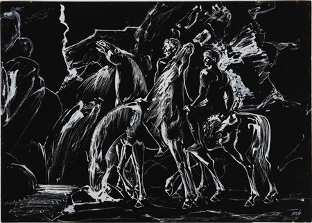 SASSU ALIGI (1912 - 2000) I cavalieri neri. 1961. Tempera su cartone. Cm...