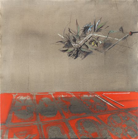 MARTINELLI GIUSEPPE (n. 1930) Ambiente con fiori di plastica. 1963. Olio su...