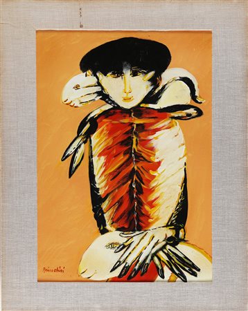 BRINDISI REMO (1918 - 1996) Figura con agnello. . Olio su tela. Cm 40,00 x...
