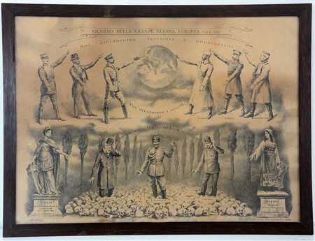 Grande litografia (cm 49x68) allegorica sugli inizi della I Guerra Mondiale,...