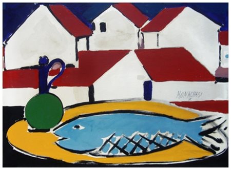 SANTE MONACHESI Macerata 1910 – Roma 1991 Case e Baia Domizia con pesce...