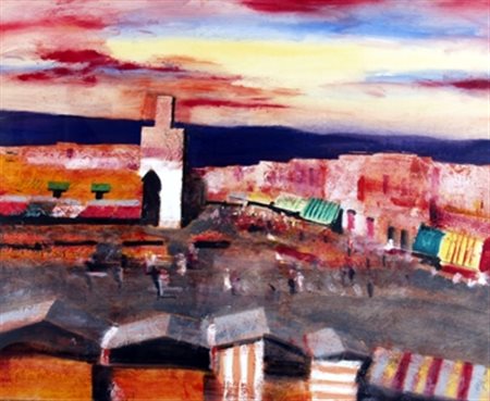 MAGAZZINI SALVATORE (Pistoia 1955) "Jemaa el fina Marrakech" Olio su tavola...