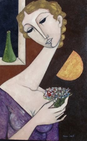 LANDI BRUNO (Roma 1941) "Donna con fiori" 2003 Olio su tela cm. H: 80.00 L:...