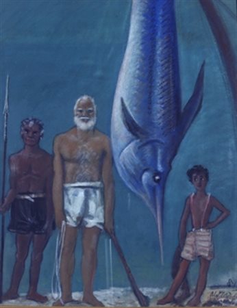 CARPI ALDO (Milano 1886 - Milano 1973) "Heminguey e il pescatore" 1967 Olio...