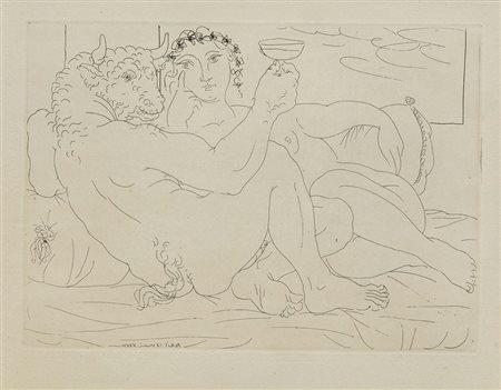Pablo Picasso (1881-1973), Minotauro con una coppa in mano e una giovane...