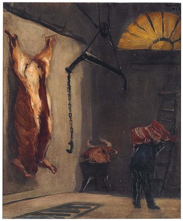 Alberto Ziveri (1908-1990), Il bue squartato, 1954, olio su tela, cm 45x35...