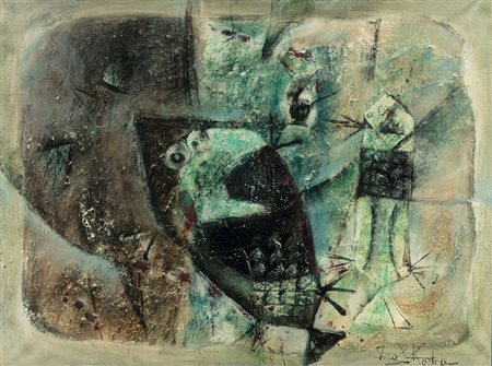 Ibrahim Kodra (1918-2006), Pesci, 1961, olio su tela, cm 60x80 firmato in...