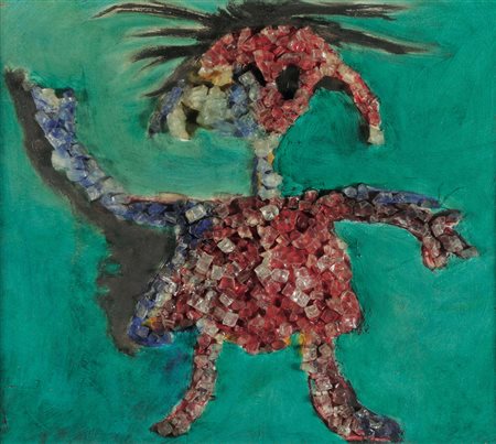 Enrico Baj (1924-2003), Bambina, 1955, olio e collage su tela, cm 28x32...