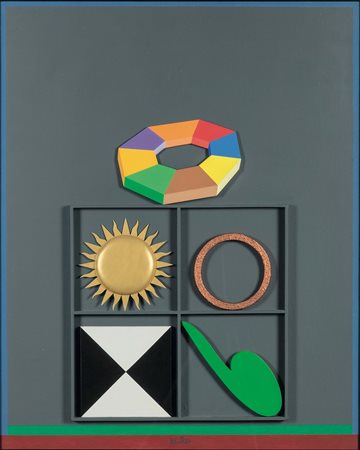 Lucio Del Pezzo (1933), Senza Titolo, collage, pigmento rame, acrilico su...