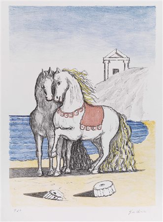 Giorgio de Chirico Volos 1888 - Roma 1978 Cavalli con gualdrappa rossa...