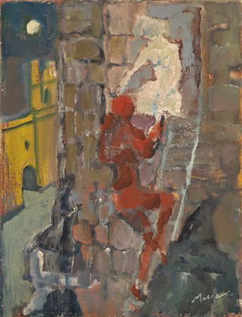 Mino Maccari Siena 1898 - Roma 1989 Coppia Olio su cartone telato, cm. 40x30...