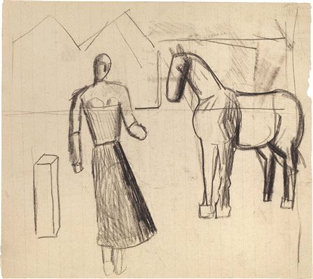 Mario Sironi Sassari 1885 - Milano 1961 Figura con cavallo Carboncino su...