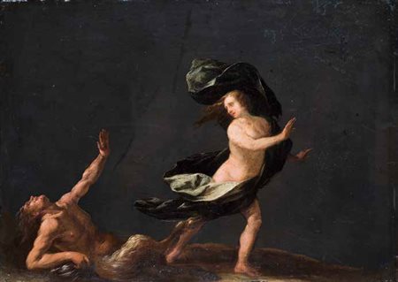 Scuola Lombarda del XVII secolo SATIRO E NINFA olio su ardesia, cm 26x35.