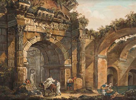 Scuola Veneta del XVIII secolo CAPRICCIO olio su tavola, cm 49,5x67. Tracce...