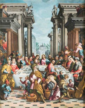 Scuola Veneta del XVII secolo LE NOZZE DI CANA olio su tela, cm 127x92....