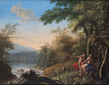 Scuola Veneta del XVIII secolo SCENA NEL BOSCO olio su tela, cm 52x66