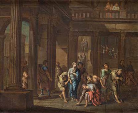 Scuola Romana del XVIII secolo A) e B) CAPRICCIO CON FIGURE olio su tela, cm...