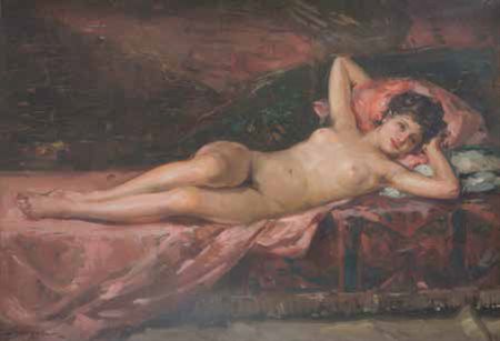 Scuola Italiana XIX/XX secolo DONNA SDRAIATA olio su tavola, cm 23x35,5....