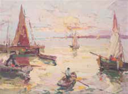 Rudolf Négely Sopron 1883 – 1950 MARINA CON BARCHE olio su tela, cm 60x80....