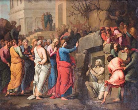 Scuola Francese del XIX secolo LA RESURREZIONE DI LAZZARO olio su tela, cm...